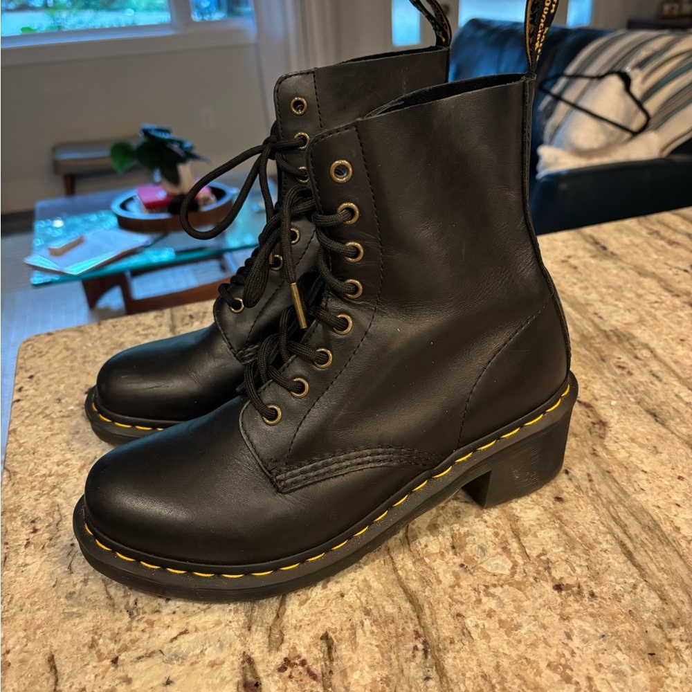 Dr. Martens Black Leather Lace-Up Platform Ankle Boots with Yellow Stitching